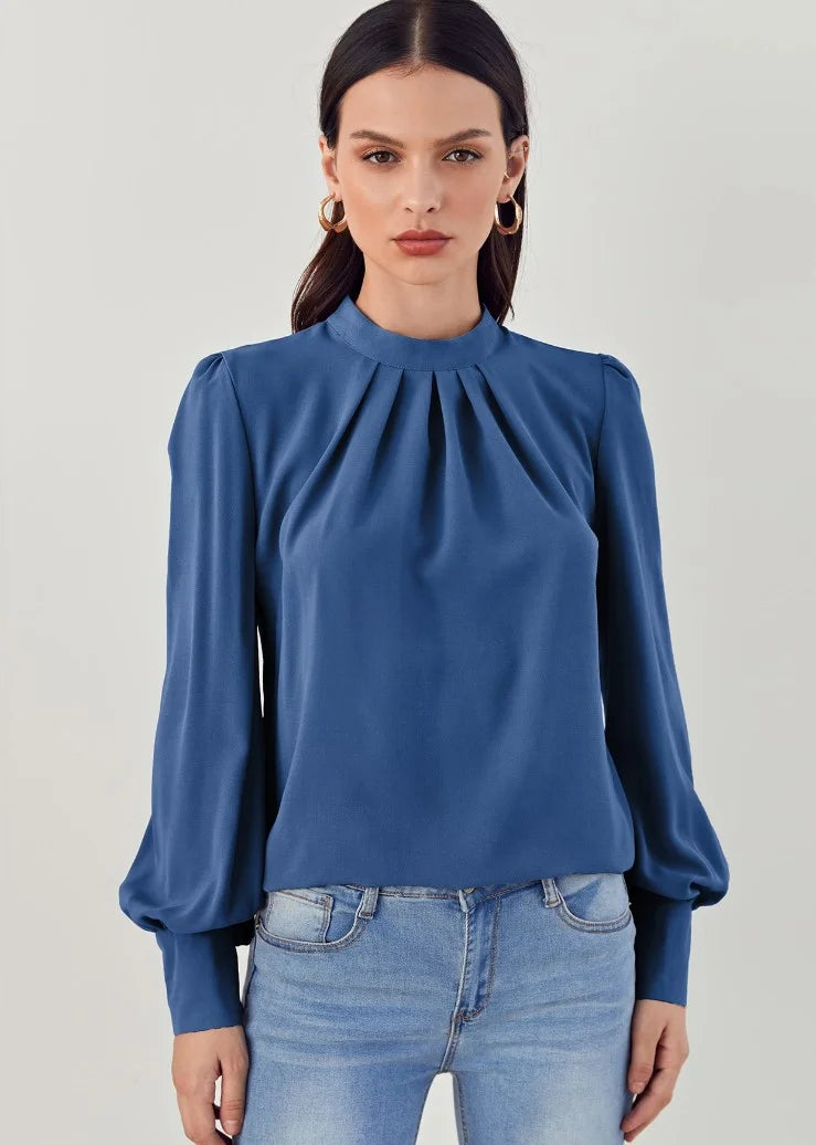 Women Long Sleeve Blouses Lady Loose Casual Chiffon Shirt Tops Blouse Blue 724GoShop