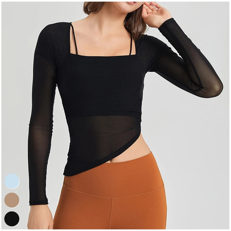 Quick Dry Tshirt Breathable Mesh Square Neckline Sports Tops Women Long Sleeve 724GoShop