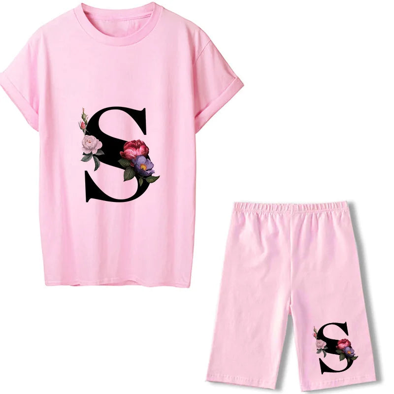 Short Sleeve Graphic Tee Black Letter Floral Tshirt Women T Shirt And Shorts 2 Pieces Set Outfits S 724GoShop