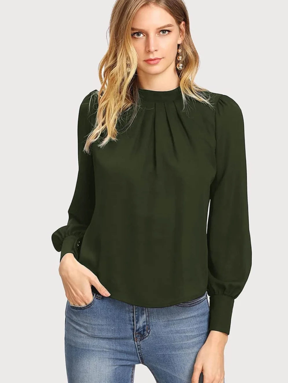 Women Long Sleeve Blouses Lady Loose Casual Chiffon Shirt Tops Blouse Army Green 724GoShop