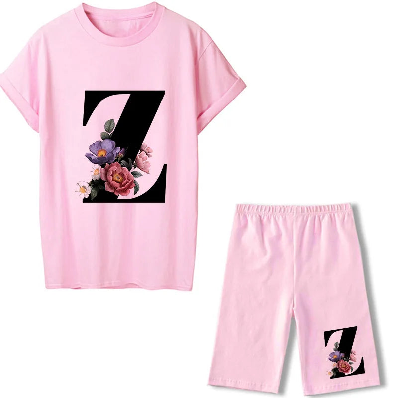 Short Sleeve Graphic Tee Black Letter Floral Tshirt Women T Shirt And Shorts 2 Pieces Set Outfits Z 724GoShop