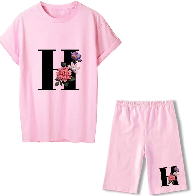 Short Sleeve Graphic Tee Black Letter Floral Tshirt Women T Shirt And Shorts 2 Pieces Set Outfits 724GoShop