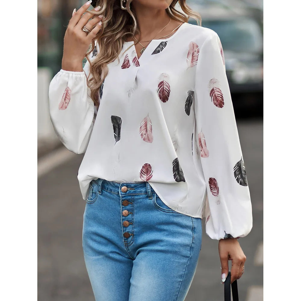 new ladies V neck feather print long sleeve loose fitting plus size women's shirt tops White 724GoShop