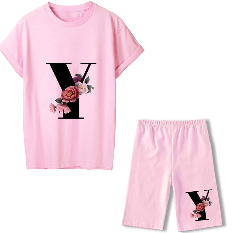 Short Sleeve Graphic Tee Black Letter Floral Tshirt Women T Shirt And Shorts 2 Pieces Set Outfits Y 724GoShop