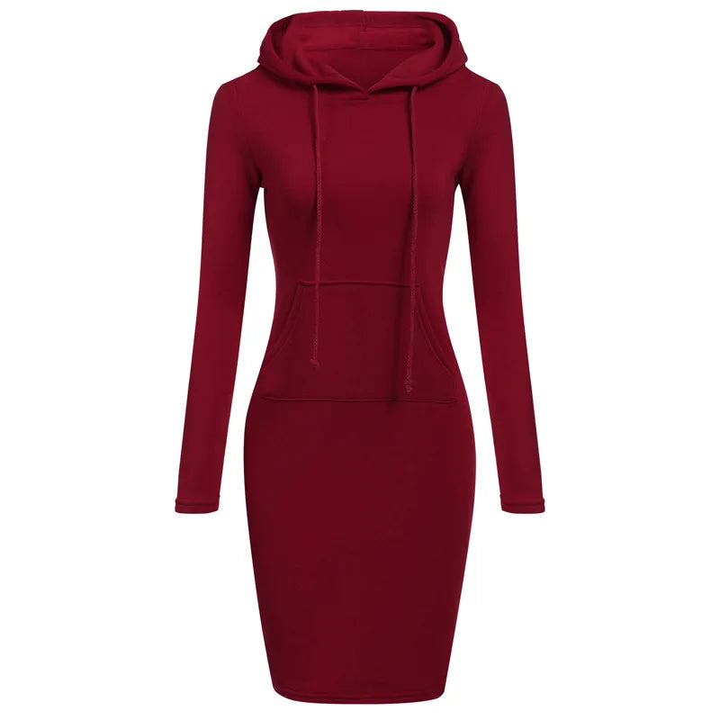 Autumn And Winter Fashion Solid Color With Pocketst Hoodie Dress Slim Womens tracksuit Dresses Casual Hoodie Sweatshirt Dress Red 724GoShop