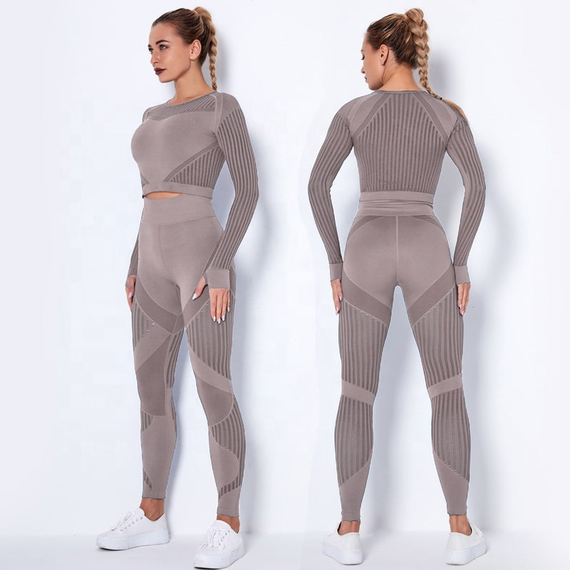 Women High waist Fitness Leggings Sport Set Tracksuit Workout Long Sleeve Seamless Yoga Clothes 724GoShop