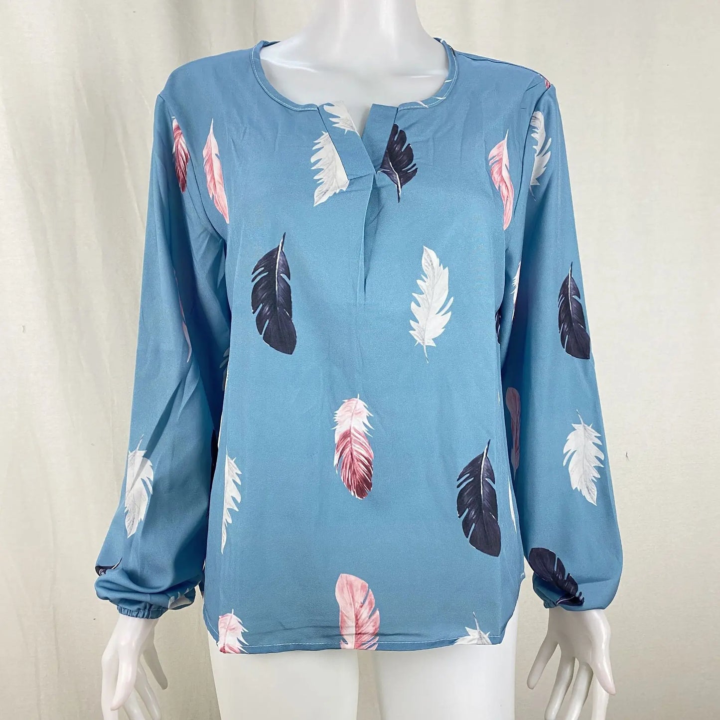 new ladies V neck feather print long sleeve loose fitting plus size women's shirt tops 724GoShop