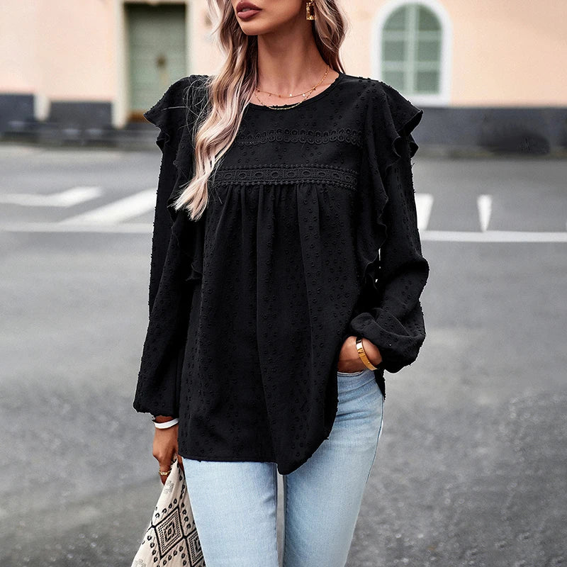 Shirts for Women Chic Elegant Ruffles Casual Full Sleeve Blusas Office Ladies Elegant Fashion Tops Black 724GoShop