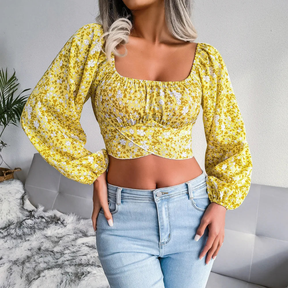 Tops Long Sleeve Floral Retro T-shirt Clothes Unique Design Square Neck Casual Shirt 724GoShop