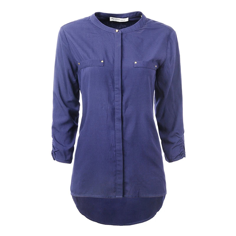 Long Sleeve Button Down Blouse Women Casual Streetwear Shirts Tops Dark blue 724GoShop