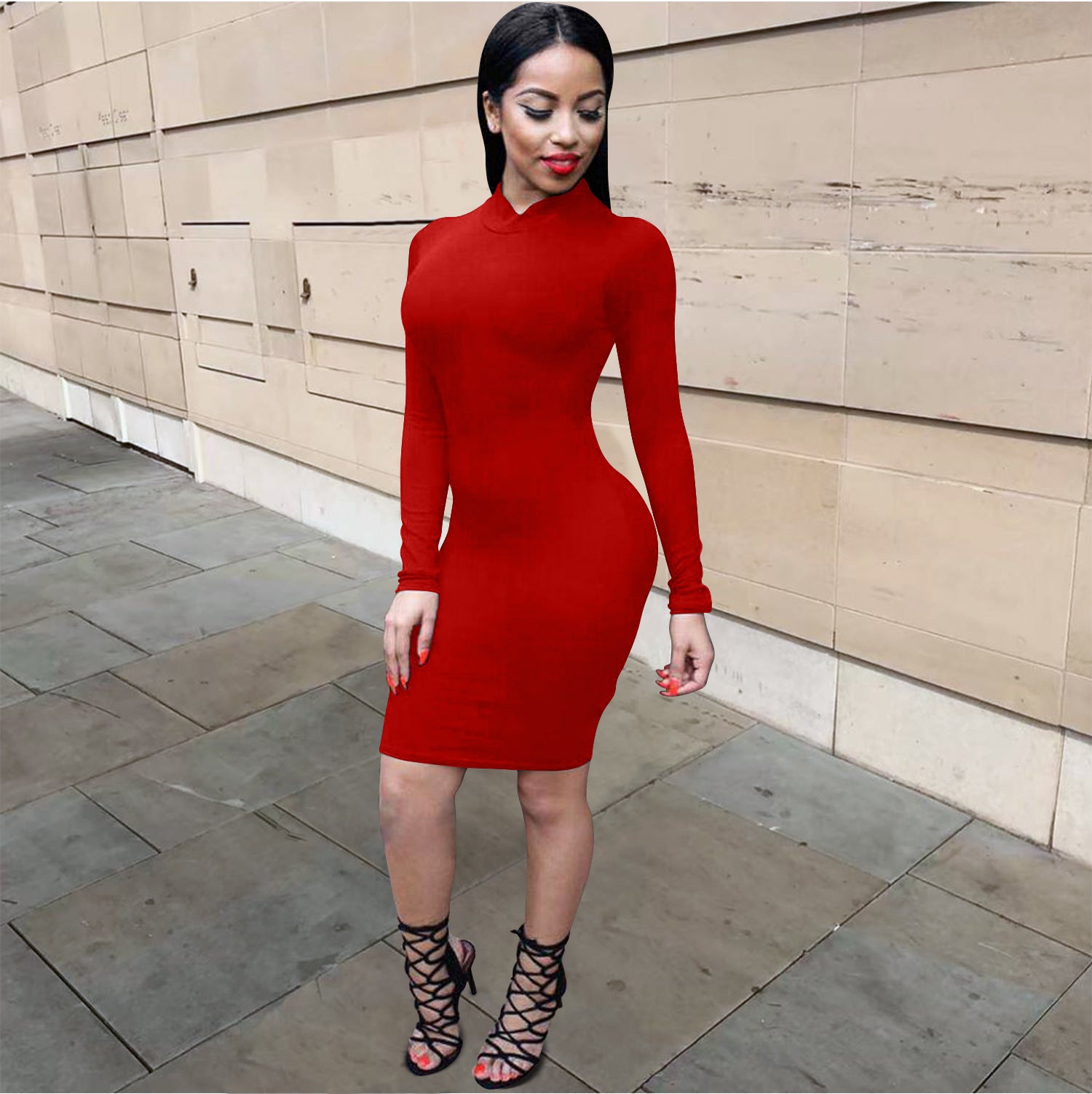 Women's Sexy Solid Color Round Neck Bodycon Long Sleeve Bandage Backless Party Club Dress 724GoShop