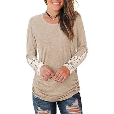 O Neck Lace Sleeves Pleated Women's T Shirt Top Tees Casual ladies Tshirt 3 724GoShop