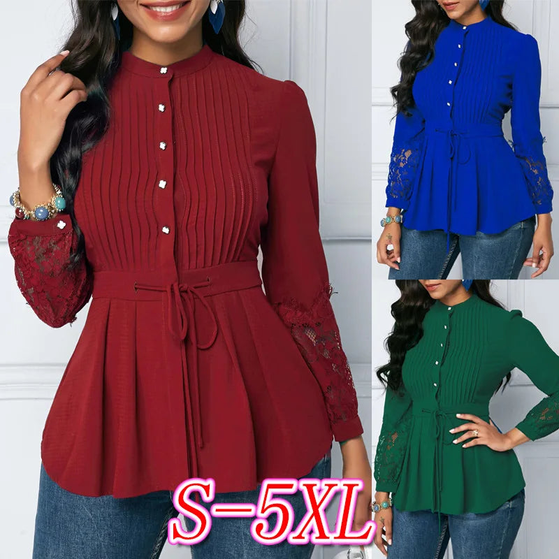 Vintage Elegant Women Shirts Blouses Office Long Sleeve Lace Panel Crinkle Chest Peplum Blouse 724GoShop