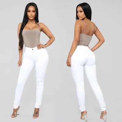 Women Elastic Stretch Jeans High Waist Solid Color Trousers Skinny Jeans Denim Pants White 724GoShop