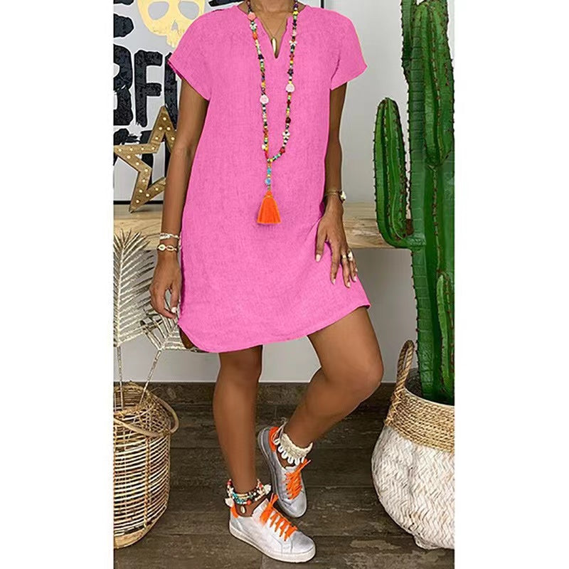 Summer Casual Dresses 2022 Loose Solid Color Short-sleeve V-neck Cotton And Linen Dress Pink 724GoShop