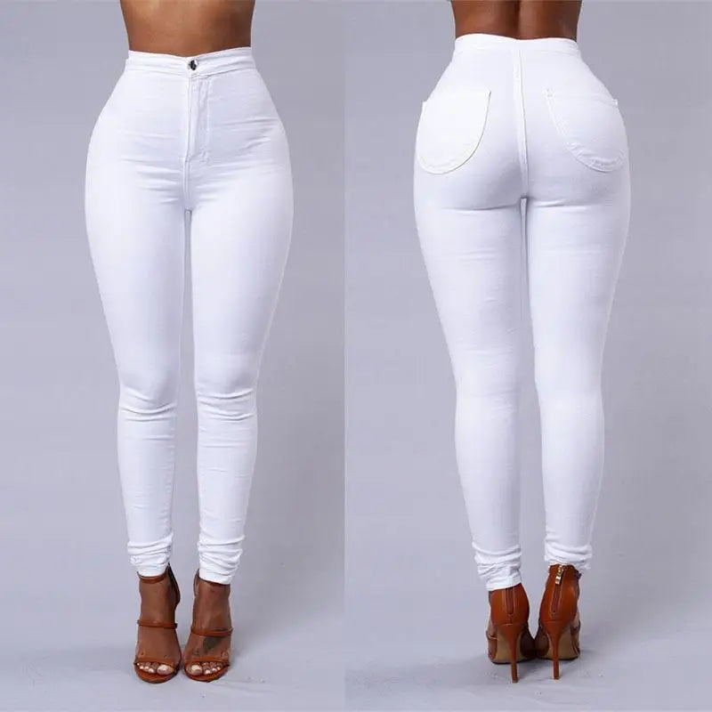 Women Stretch jeans solid color thin slim pencil pants high waist Candy color jeans White 724GoShop