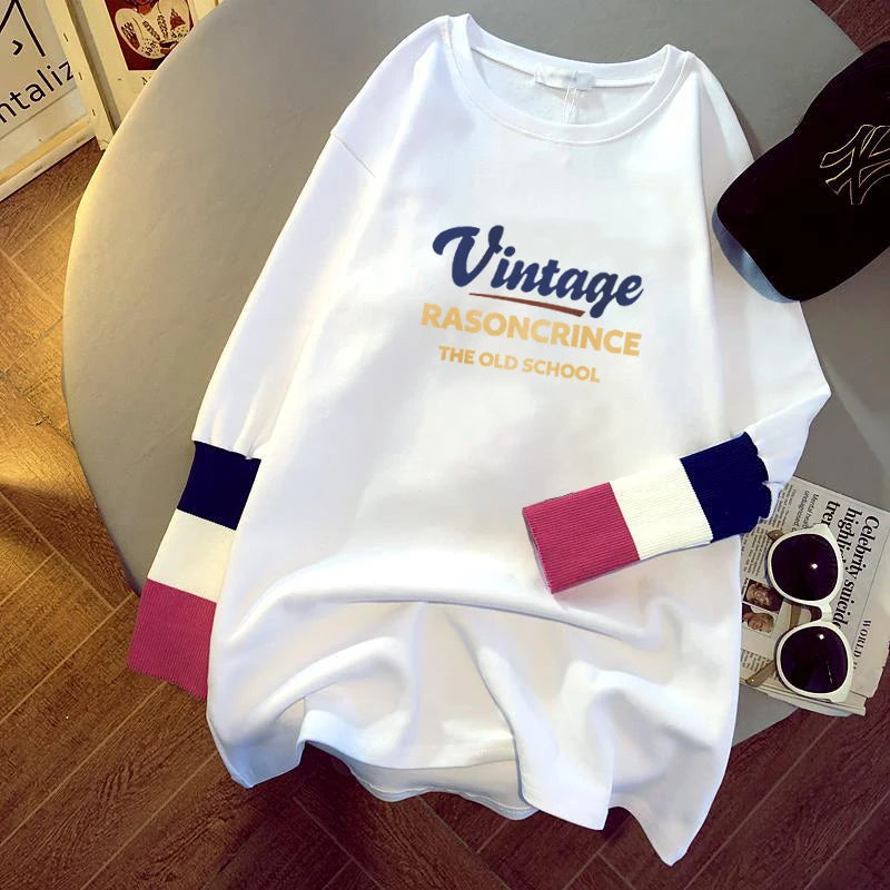 new women's blouse cartoon printing stitching sleeves white long-sleeved T-shirt ladies casual pullover C7323# 724GoShop