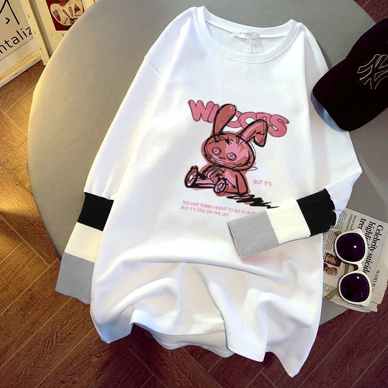 new women's blouse cartoon printing stitching sleeves white long-sleeved T-shirt ladies casual pullover 8323# 724GoShop