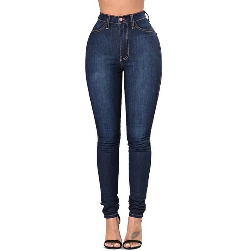 Women Elastic Stretch Jeans High Waist Solid Color Trousers Skinny Jeans Denim Pants NAVY 724GoShop