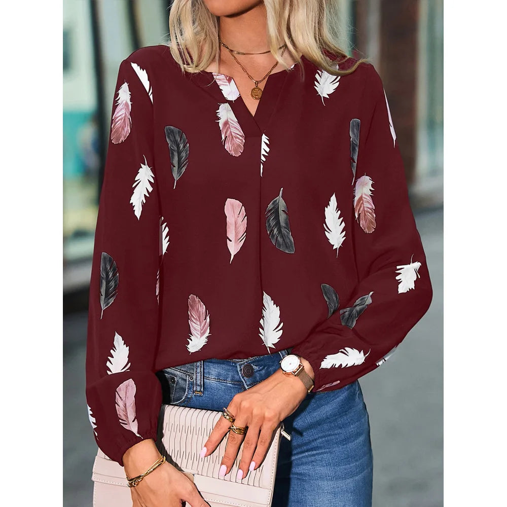 new ladies V neck feather print long sleeve loose fitting plus size women's shirt tops Burgundy 724GoShop