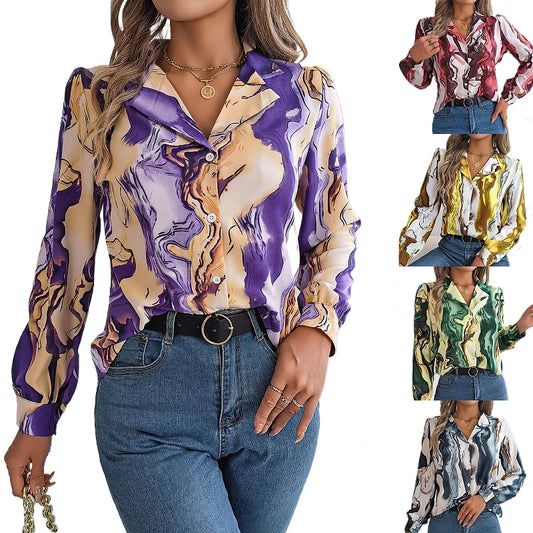 top women blouse casual contrasting printed striped blazer collar long sleeve ladies shirt 724GoShop