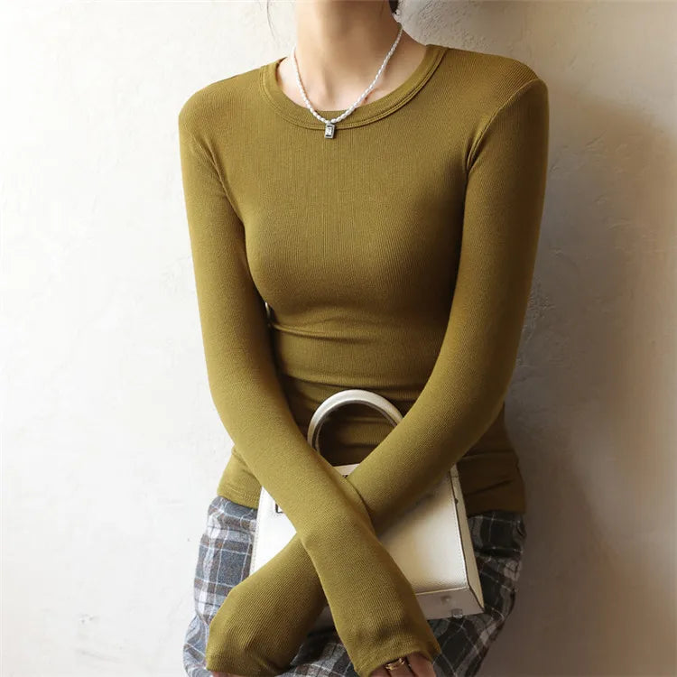 Long Sleeve Top Tshirts For Women Slim O Neck Clothes Basic Soild Tee Shirt Mustard yellow 724GoShop