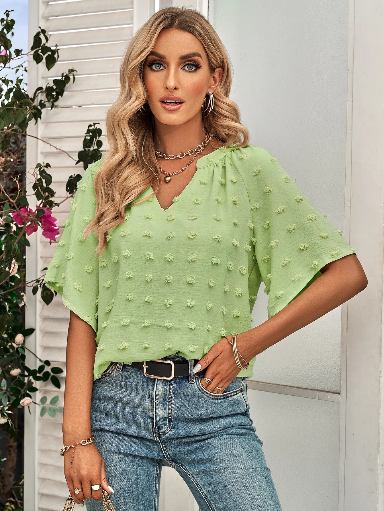 Women's Shirt V-neck Solid Color Chiffon Shirt Large Wool Ball Short Sleeve Patchwork Top MINT 724GoShop