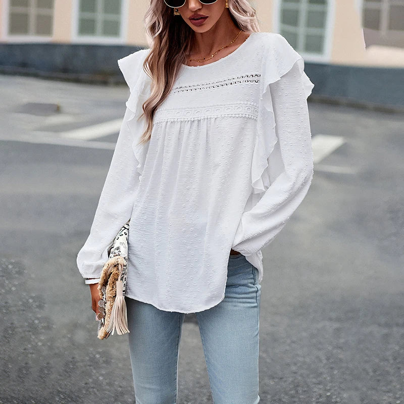 Shirts for Women Chic Elegant Ruffles Casual Full Sleeve Blusas Office Ladies Elegant Fashion Tops White 724GoShop