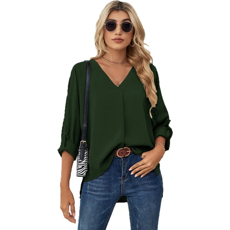 Chiffon Blouse Solid Color Fashion Women's V-neck Long Sleeve Casual Blouse For Women 724GoShop