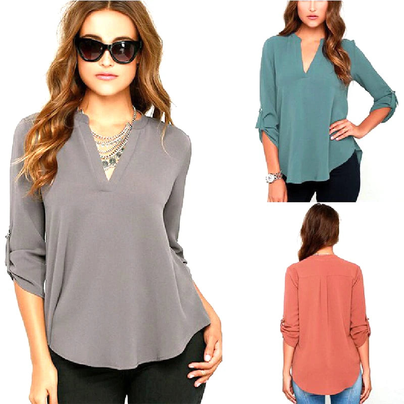 tops plus size women's V-neck long-sleeved pleated sleeve loose chiffon shirt 724GoShop