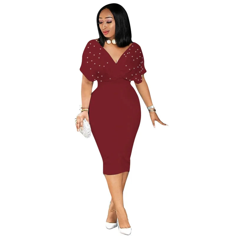 Summer Slim Dresses Women V Neck with Bead Classy Lady Work Office Wear Bodycon Plus Size 3XL Elegant Modest Femme Clothes Burgundy 724GoShop