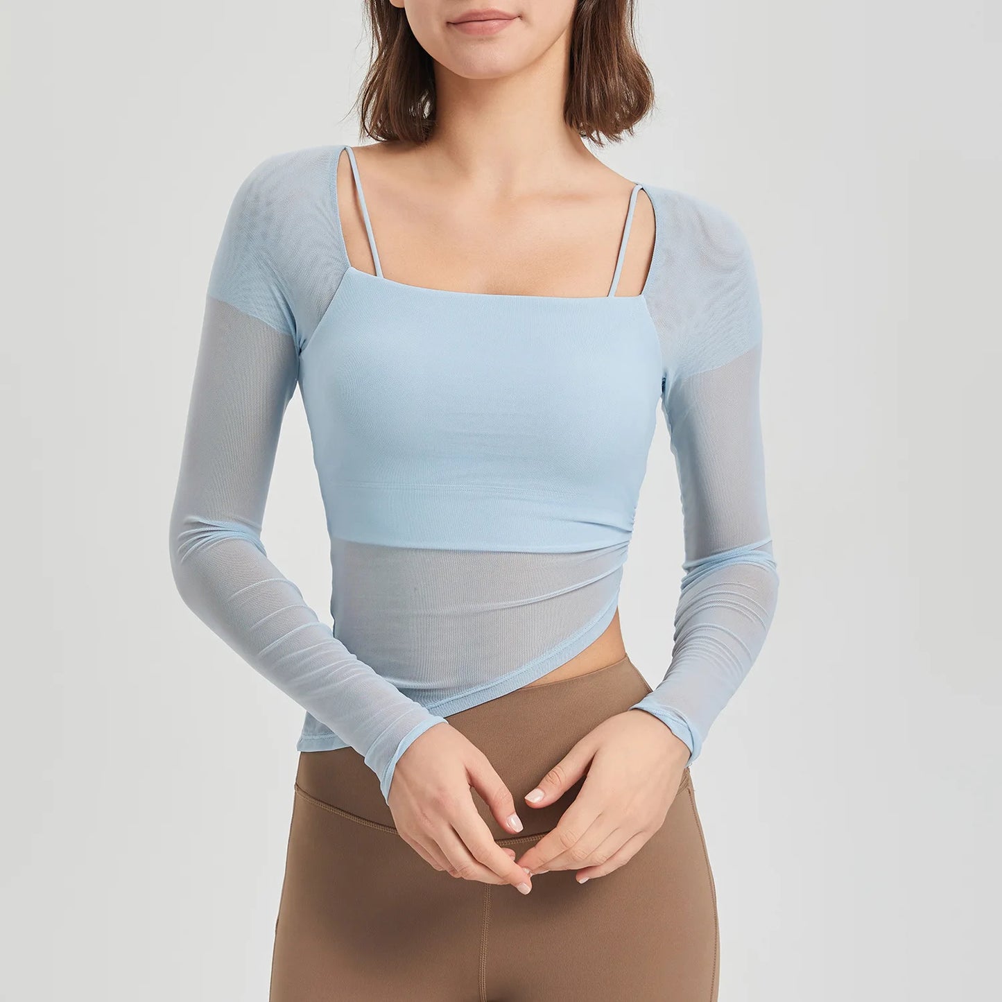 Quick Dry Tshirt Breathable Mesh Square Neckline Sports Tops Women Long Sleeve Blue Nylon/Spandex 724GoShop