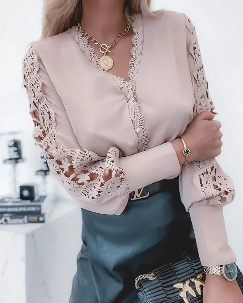 Long Sleeve V-neck Lace Stitching Shirts Office Lady Elegant Solid Color Temperament Blouse 724GoShop