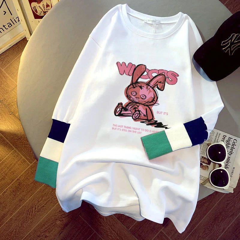 new women's blouse cartoon printing stitching sleeves white long-sleeved T-shirt ladies casual pullover C6329# 724GoShop