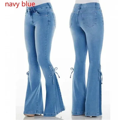 Ladies Jeans Mid-Waist Lace-Up Denim Trousers Stretch 724GoShop