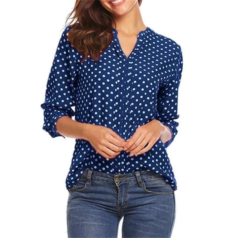 Women Polka Dot Printed V-neck Long Sleeve Roll Sleeve Loose Blouse 724GoShop