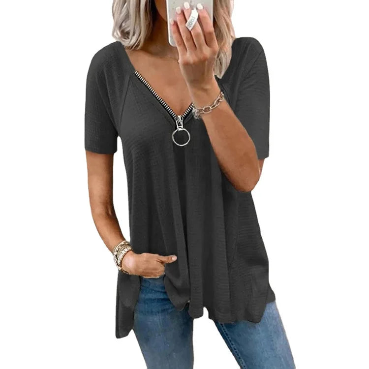 Plus Size Women Short Sleeve T-shirt Zipper Loose Women's Top Clothing Te Shirt 4 724GoShop