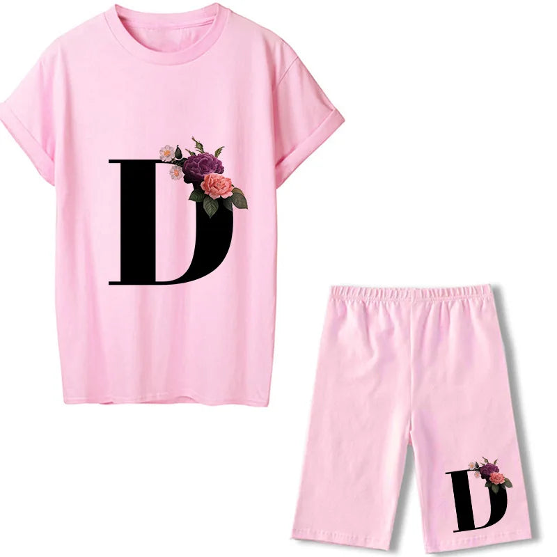 Short Sleeve Graphic Tee Black Letter Floral Tshirt Women T Shirt And Shorts 2 Pieces Set Outfits D 724GoShop