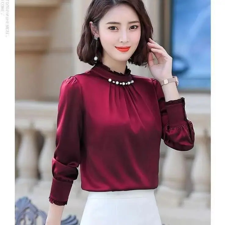 Women Spring Long Sleeve Office Lady Collar Blouses Tops Blouse Casual Shirt Red 724GoShop