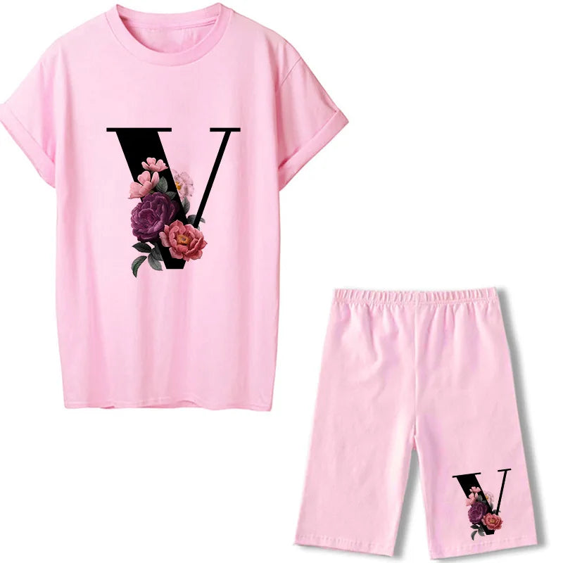 Short Sleeve Graphic Tee Black Letter Floral Tshirt Women T Shirt And Shorts 2 Pieces Set Outfits V 724GoShop