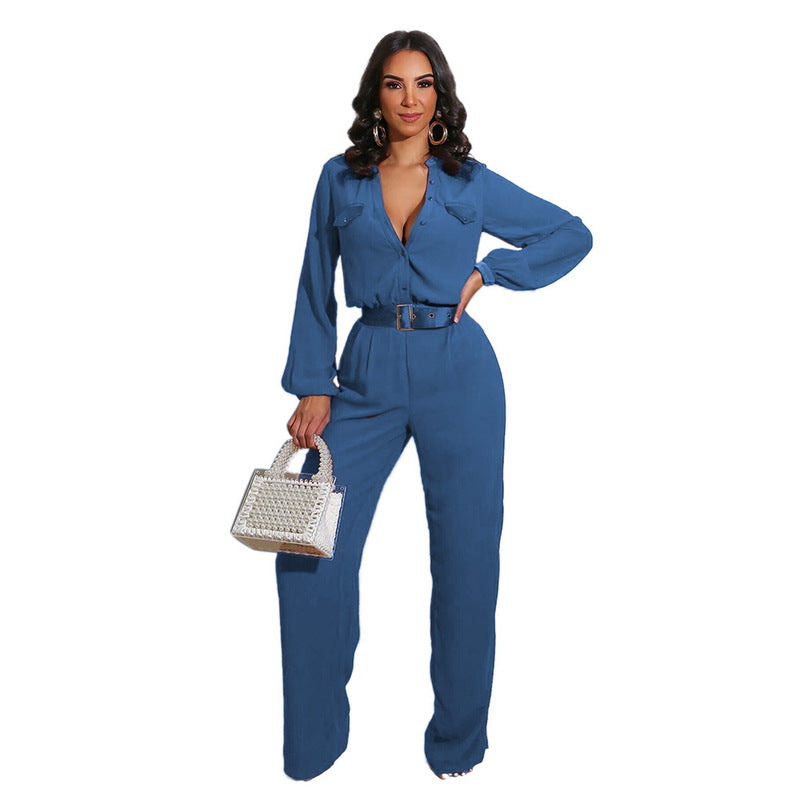 women Fashion Casual jumpsuit Slim Long Sleeve jumpsuits Blue 724GoShop