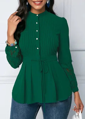 Vintage Elegant Women Shirts Blouses Office Long Sleeve Lace Panel Crinkle Chest Peplum Blouse green 724GoShop