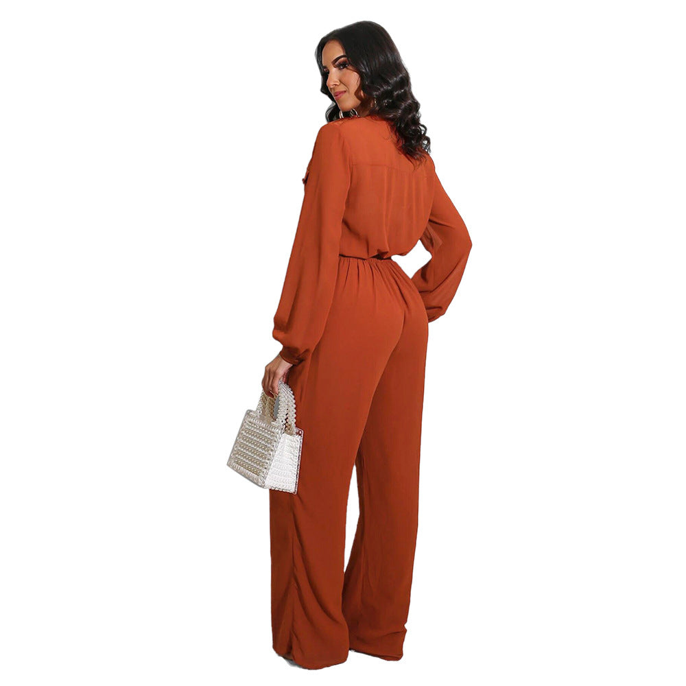 women Fashion Casual jumpsuit Slim Long Sleeve jumpsuits XL Orange 724GoShop