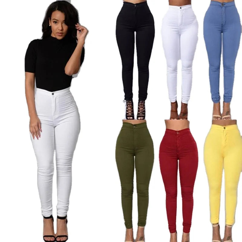 Women Stretch jeans solid color thin slim pencil pants high waist Candy color jeans 724GoShop