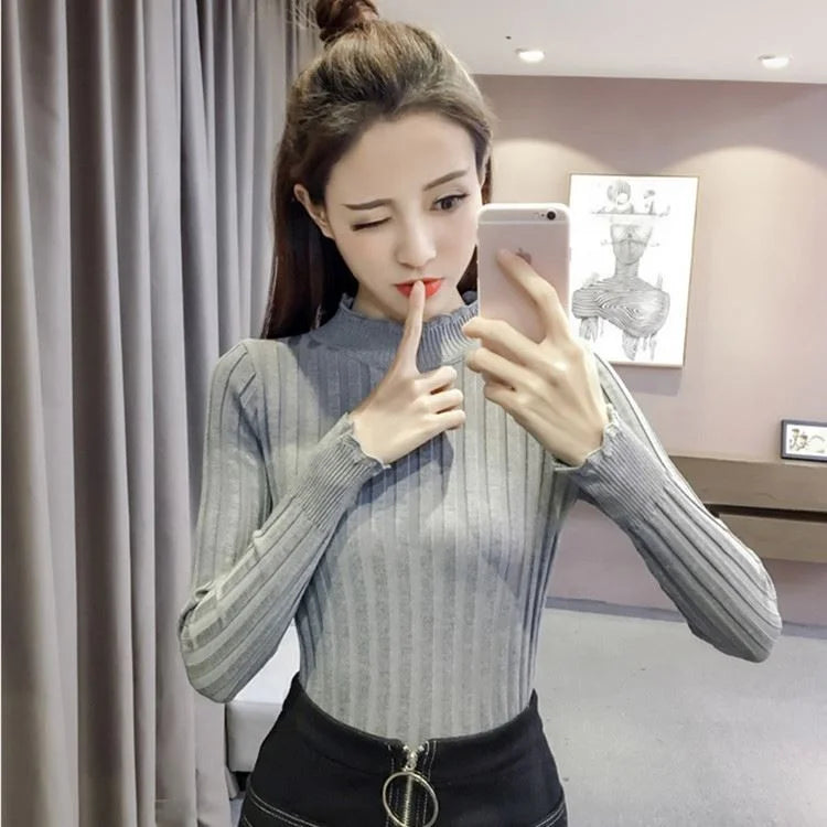 High Neck Office Lady Base Shirt Long Sleeve Thin Knitted Sweater 724GoShop