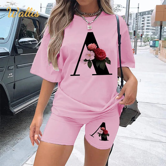 Short Sleeve Graphic Tee Black Letter Floral Tshirt Women T Shirt And Shorts 2 Pieces Set Outfits 724GoShop