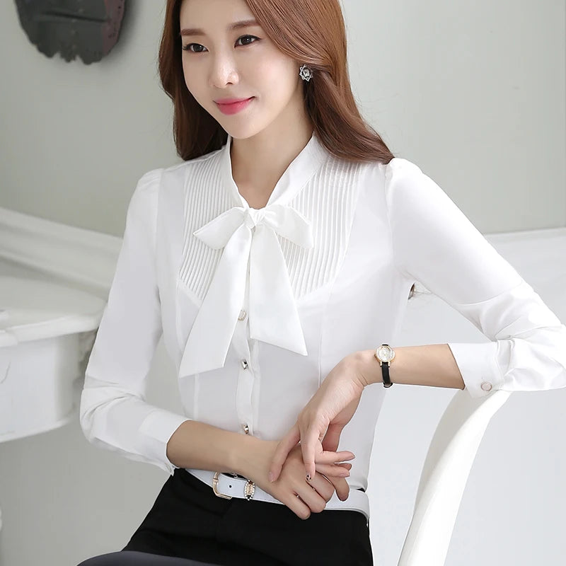 Tie Shirts for Women Color Pleated Blouse Office Lady Bow Female Tops Chemise 724GoShop