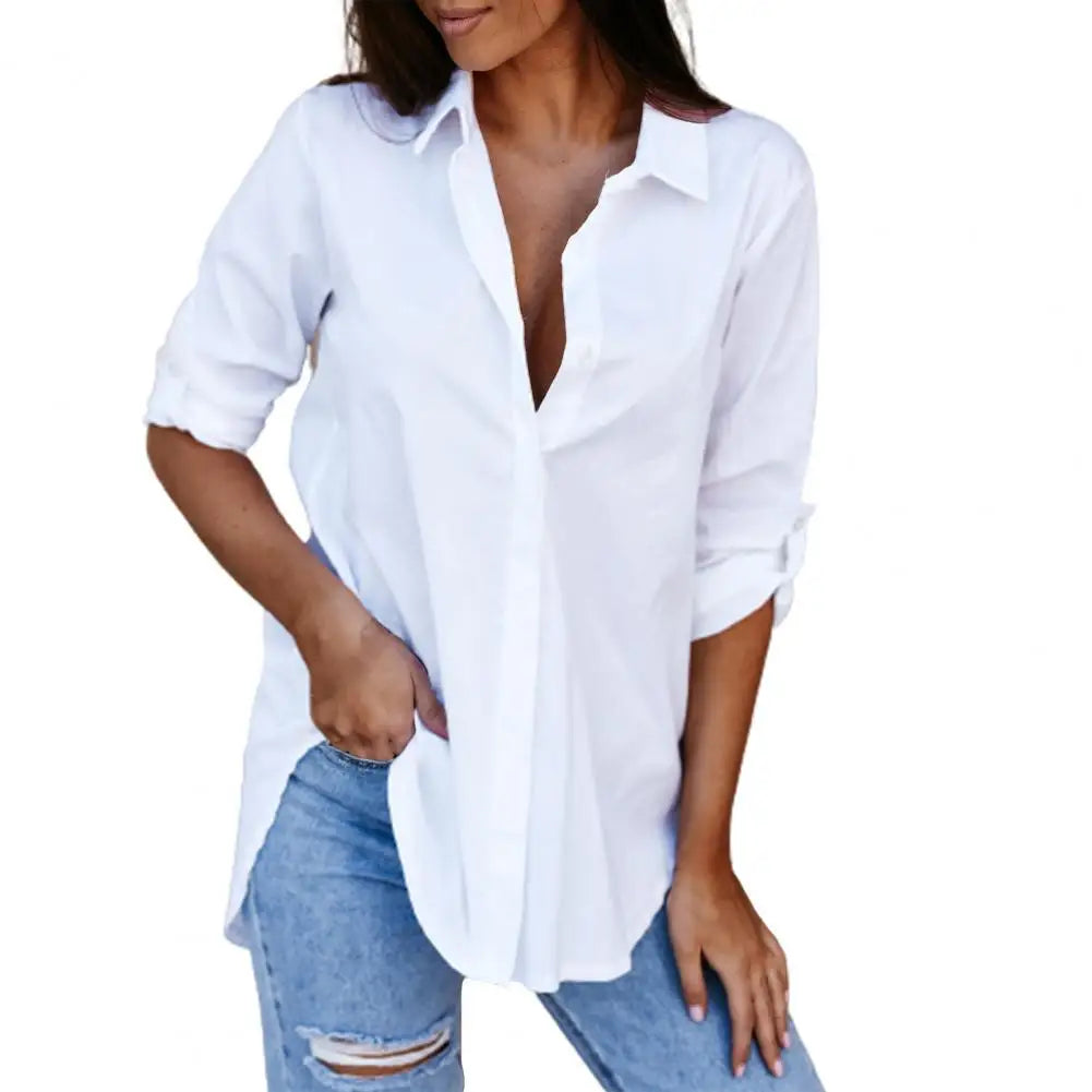 Shirt Women Fashion Solid Color V Neck Long Sleeve Blouse Party Tops Women 2021 2XL Office Wear White 724GoShop