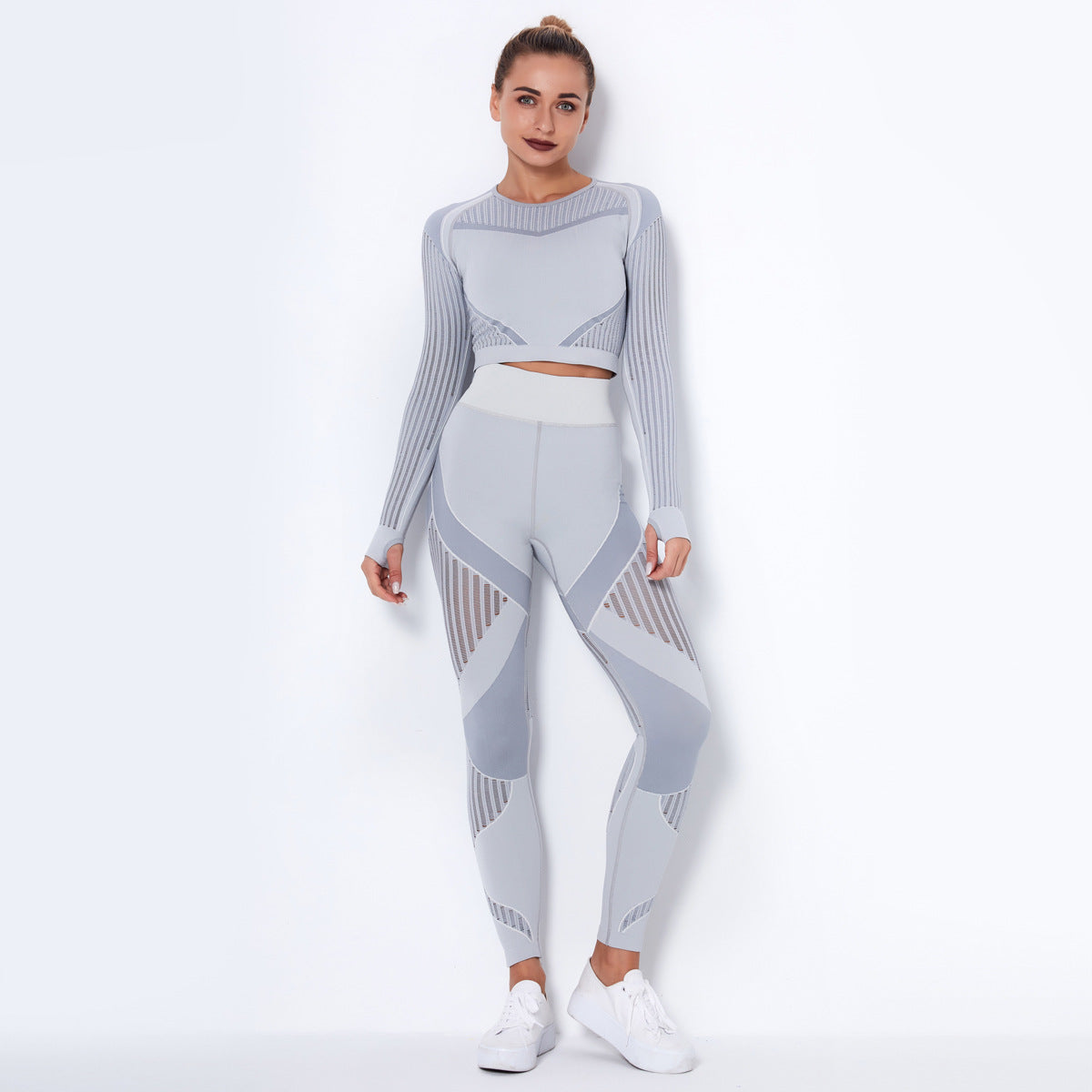 Women High waist Fitness Leggings Sport Set Tracksuit Workout Long Sleeve Seamless Yoga Clothes light gray 724GoShop