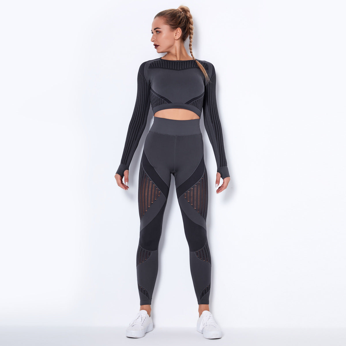 Women High waist Fitness Leggings Sport Set Tracksuit Workout Long Sleeve Seamless Yoga Clothes Dark gray 724GoShop